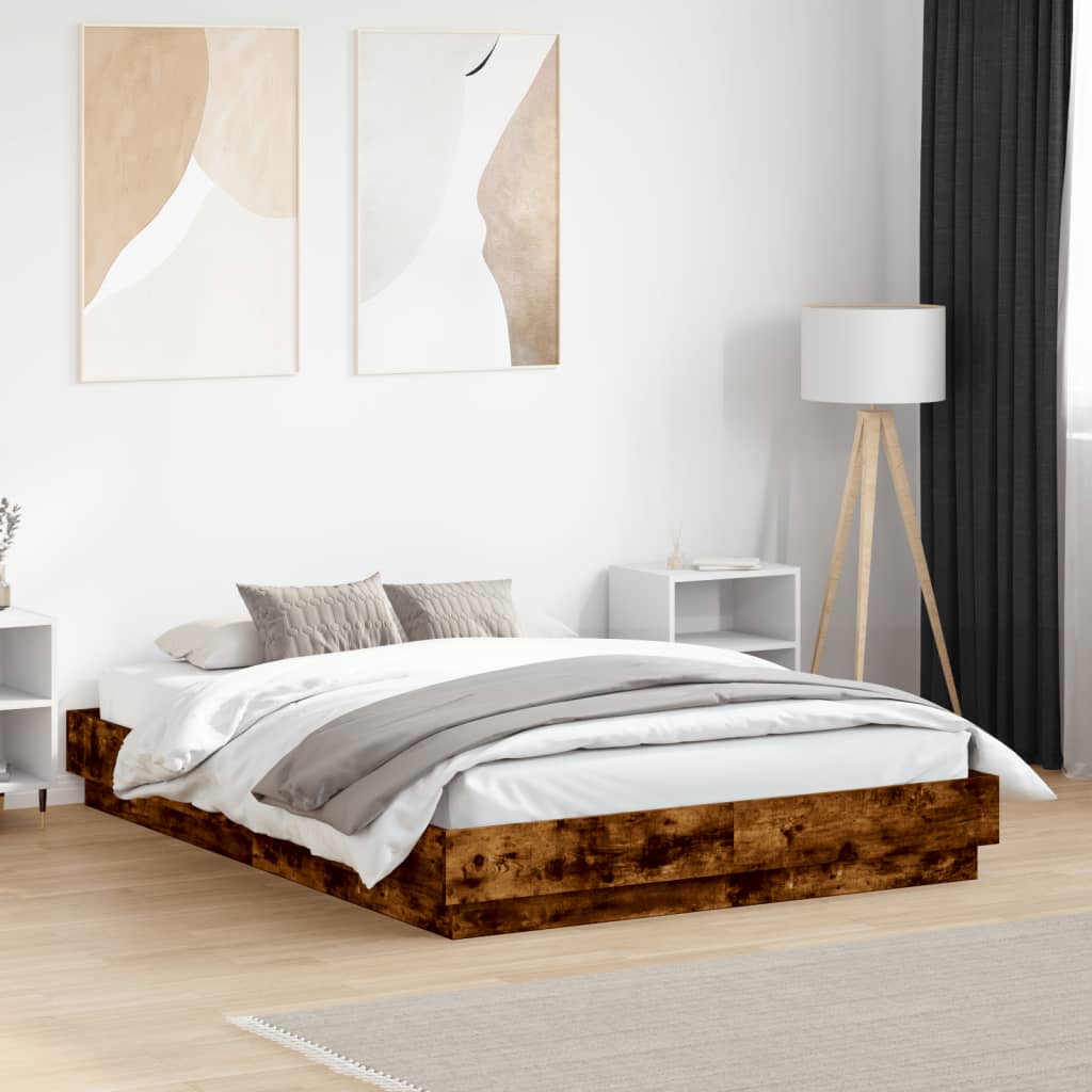 Sengeramme med LED-lys røkt eik 120x190 cm