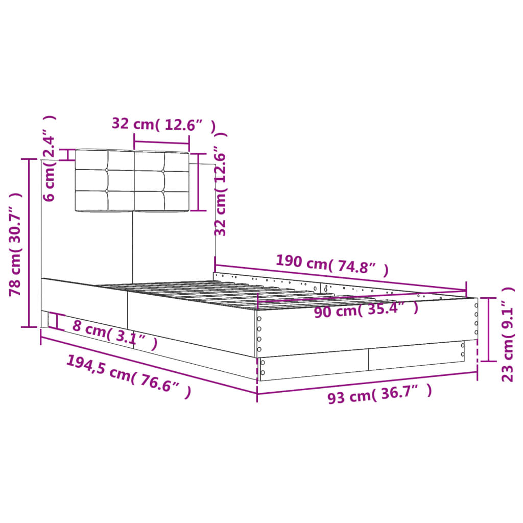 Sengeramme med hodegavl svart 90x190 cm konstruert tre