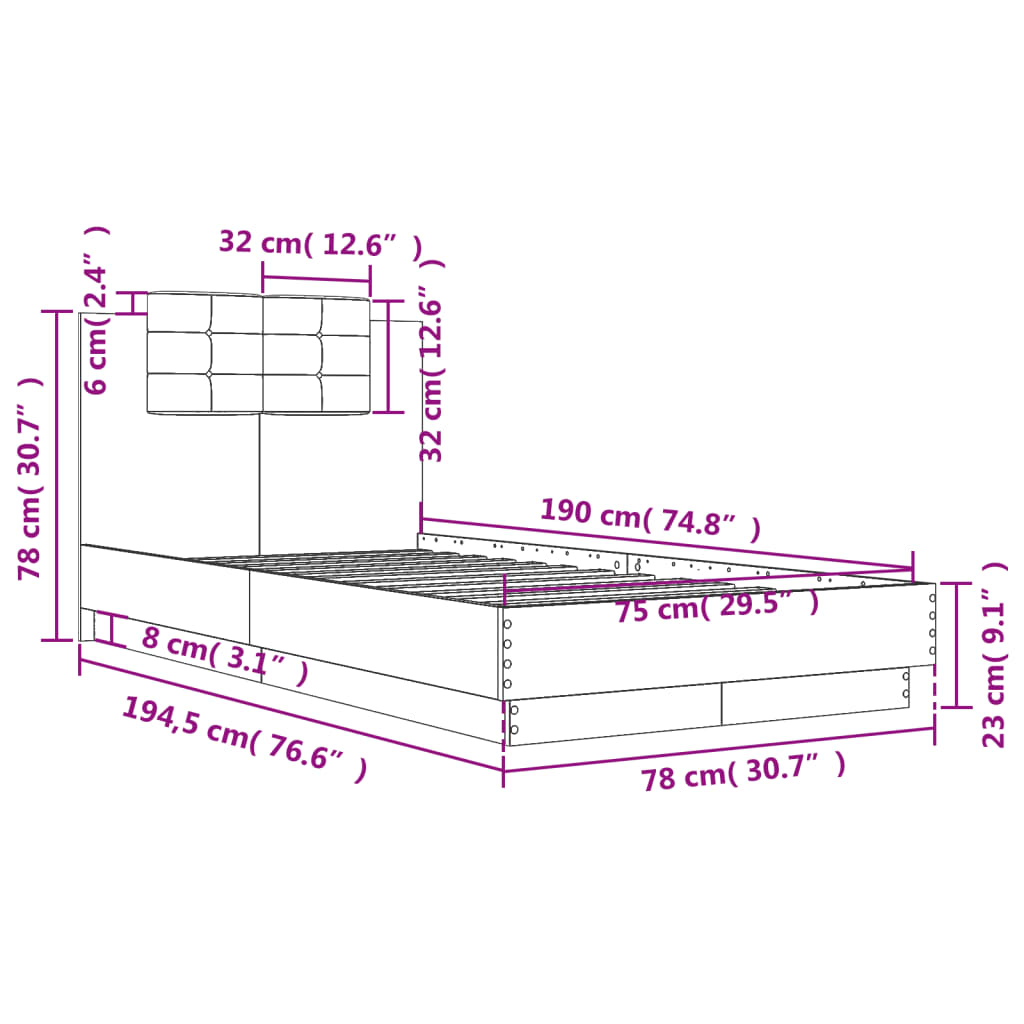 Sengeramme med hodegavl hvit 75x190 cm konstruert tre