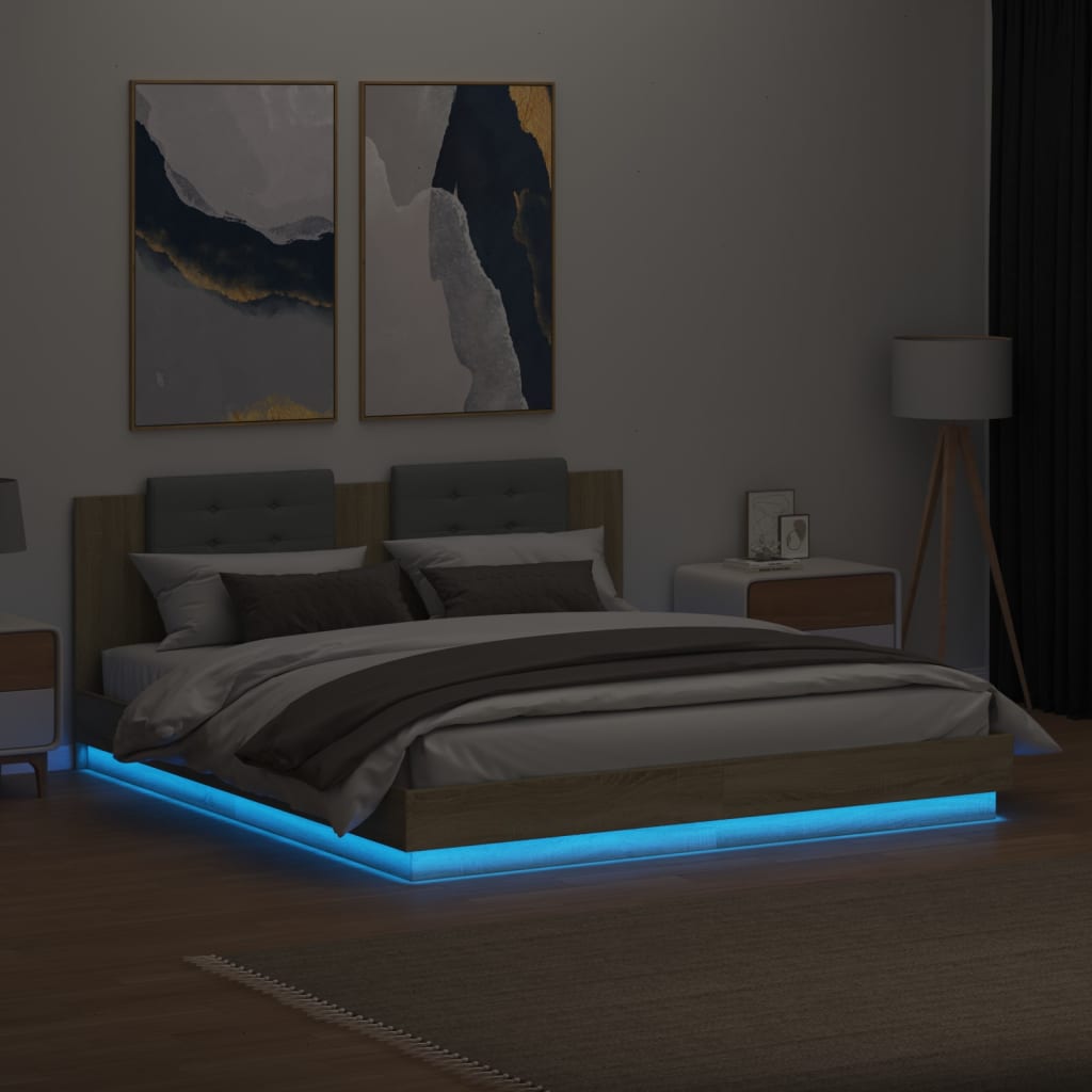 Sengeramme med hodegavl og LED-lys sonoma eik 160x200 cm