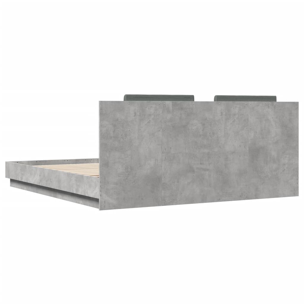 Sengeramme med hodegavl og LED-lys betonggrå 160x200 cm