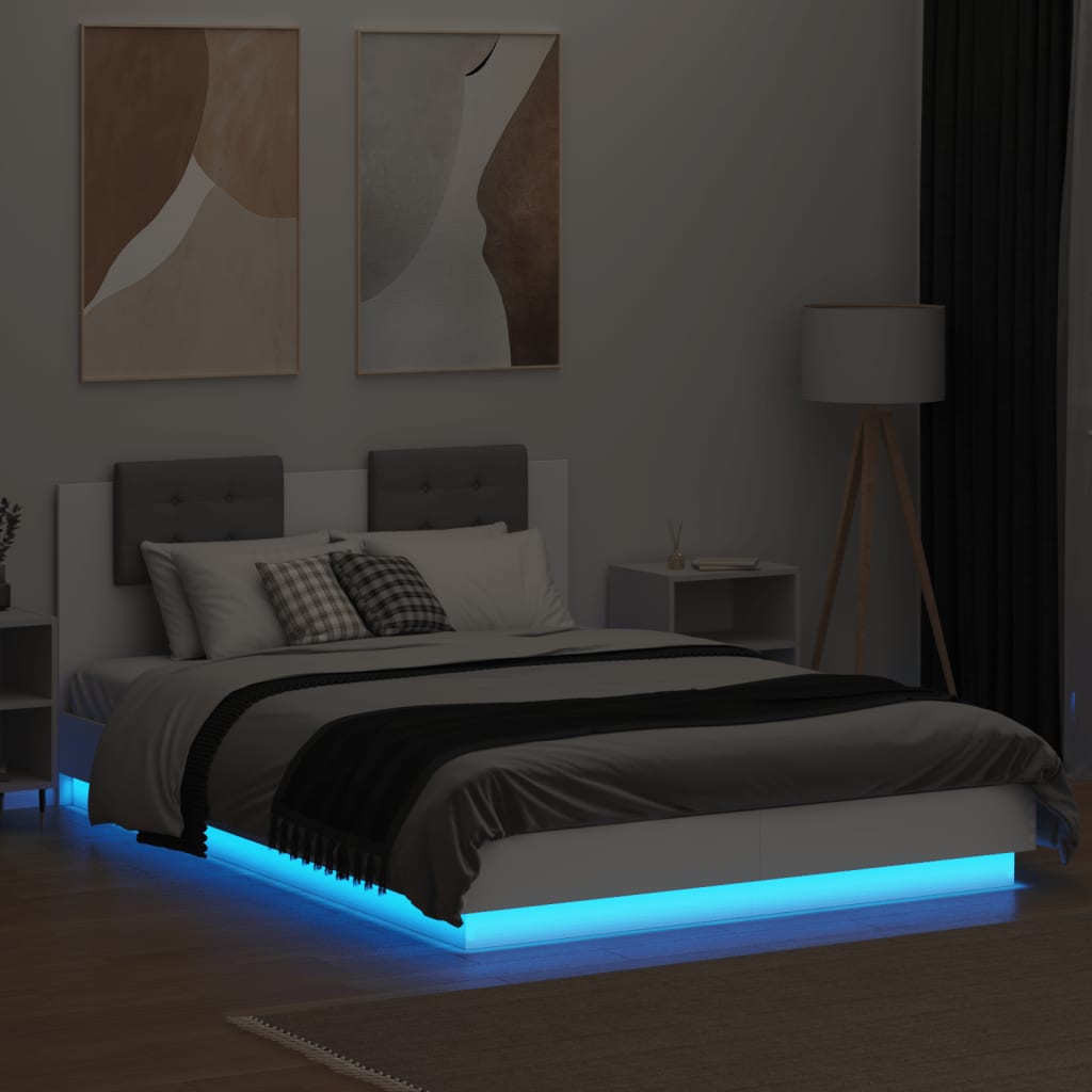 Sengeramme med sengegavl og LED-lys hvit 150x200 cm