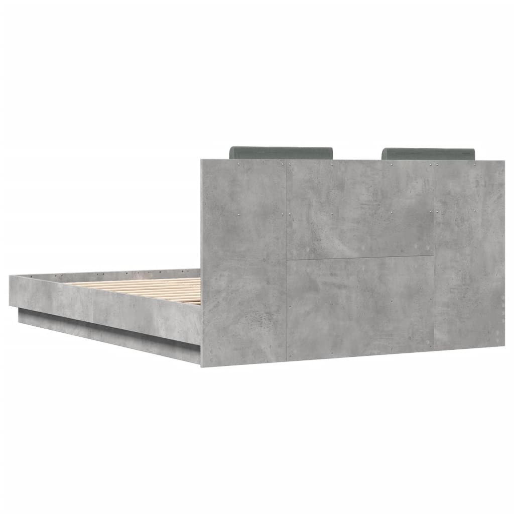 Sengeramme med hodegavl og LED-lys betonggrå 150x200 cm