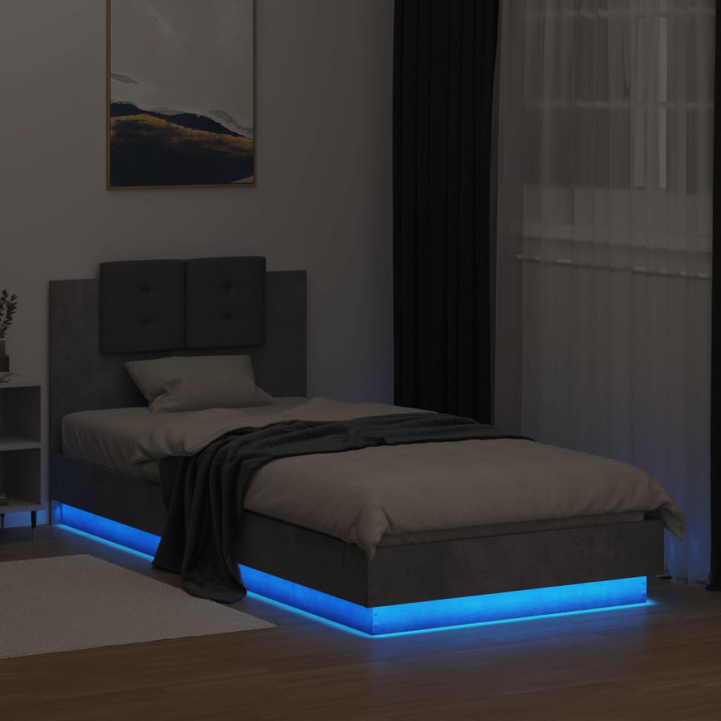Sengeramme med hodegavl og LED-lys betonggrå 100x200 cm