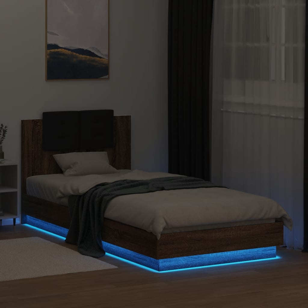 Sengeramme med hodegavl og LED-lys brun eik 100x200 cm