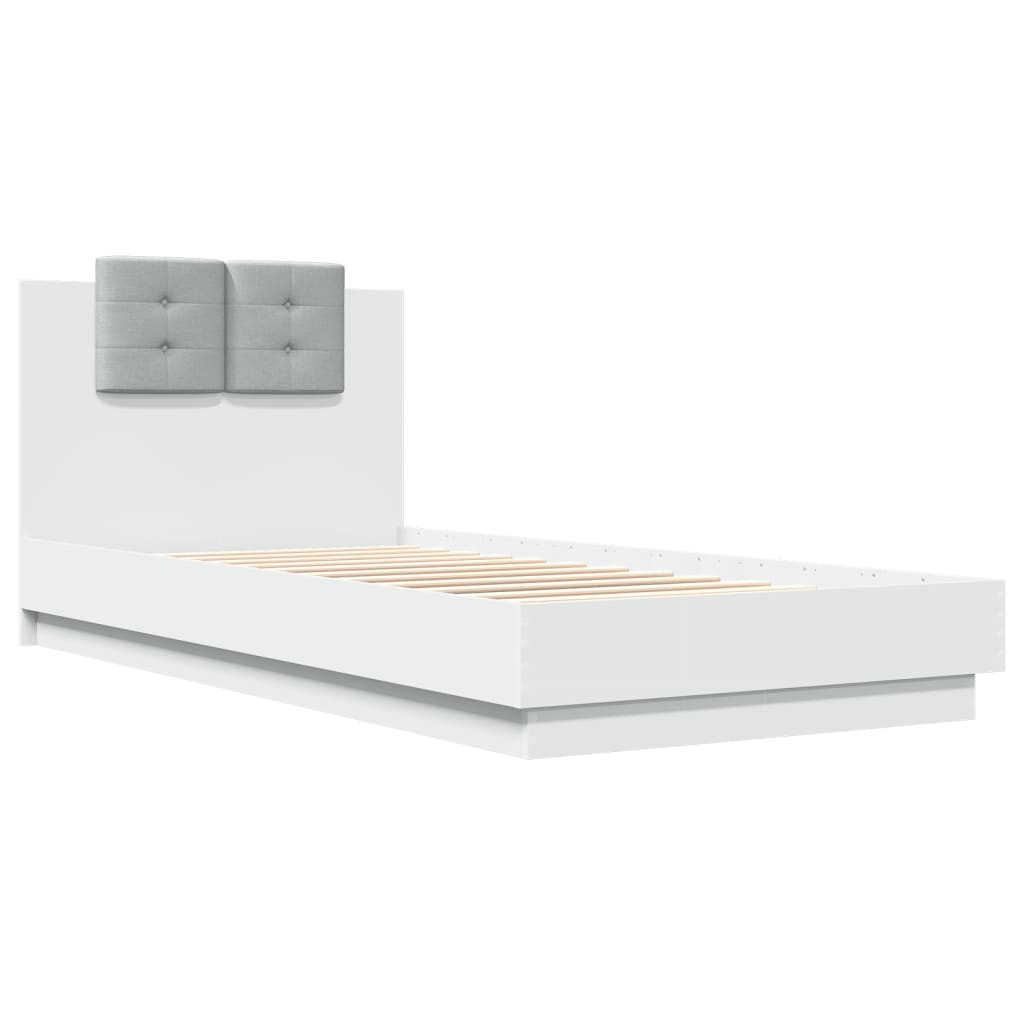 Sengeramme med hodegavl og LED-lys hvit 90x200 cm