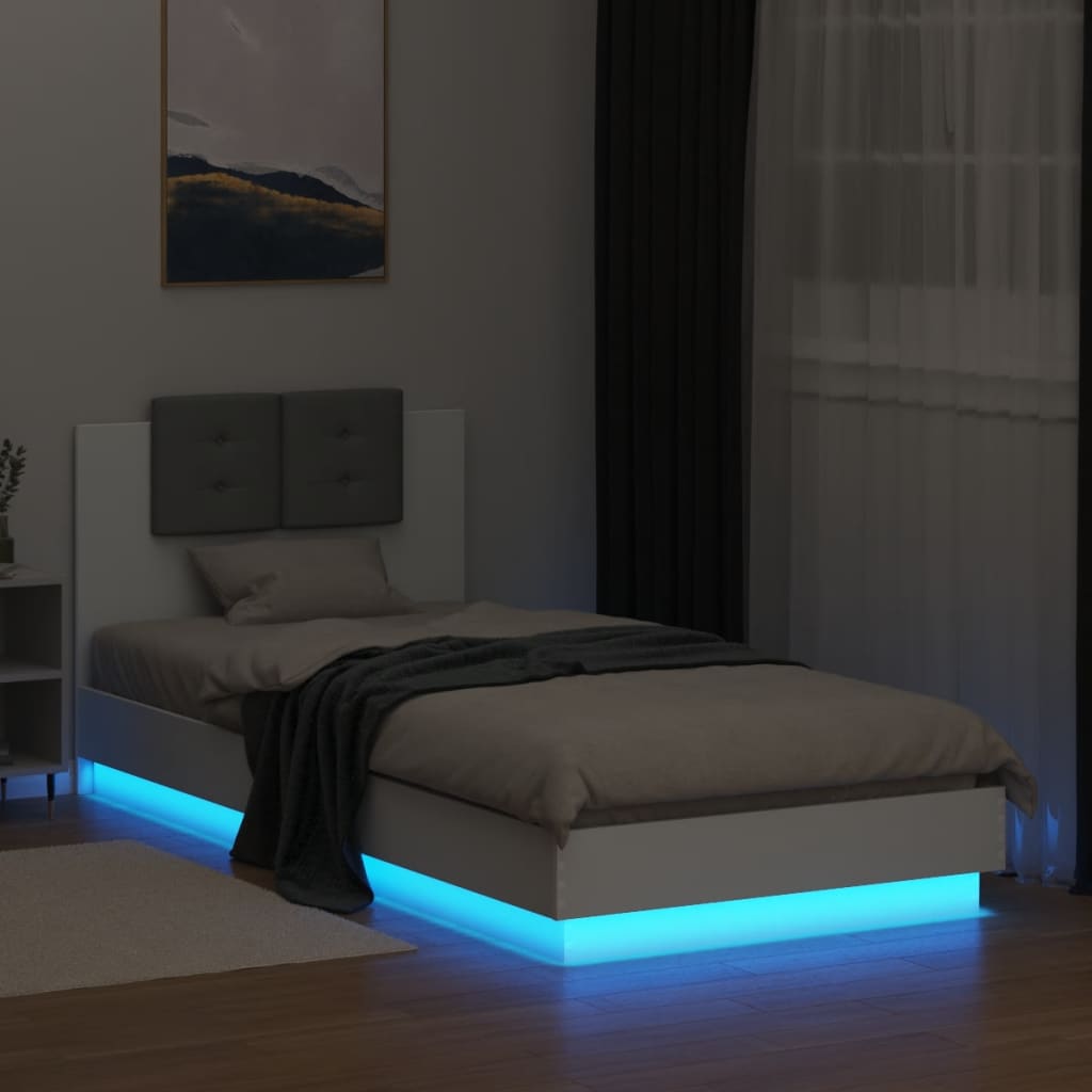Sengeramme med hodegavl og LED-lys hvit 90x200 cm