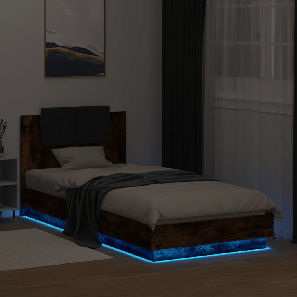 Sengeramme med hodegavl og LED-lys røkt eik 90x200 cm