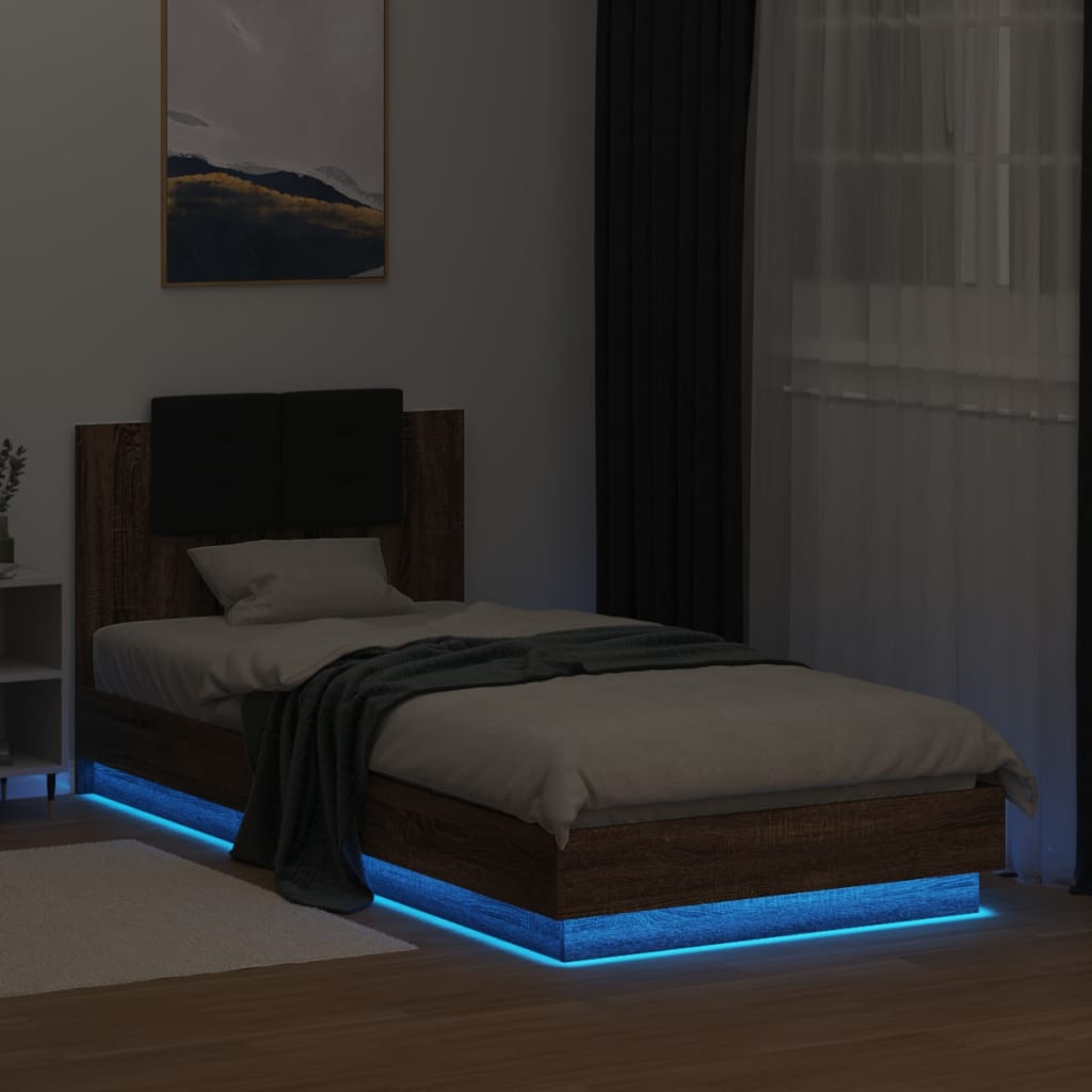Sengeramme med hodegavl og LED-lys brun eik 90x200 cm