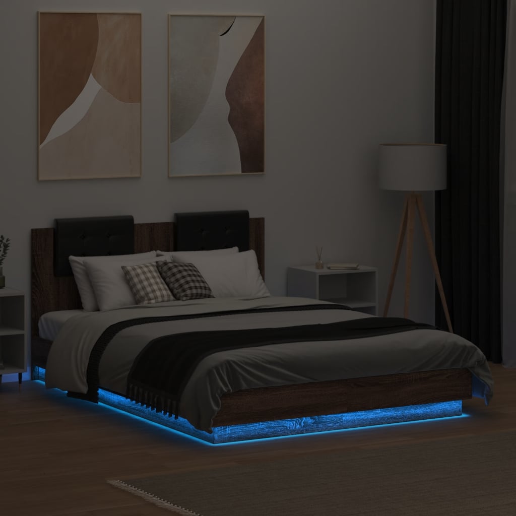 Sengeramme med hodegavl og LED-lys brun eik 135x190 cm