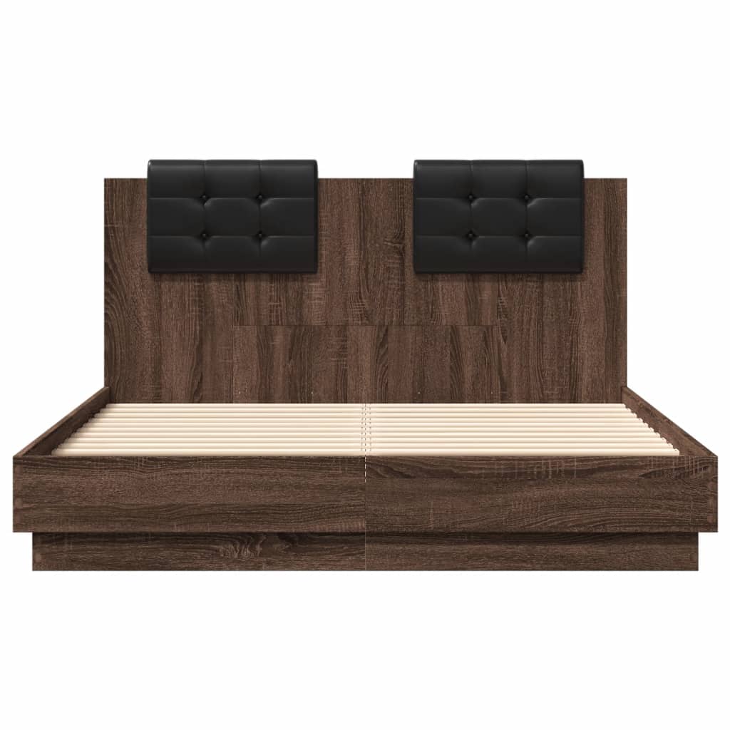 Sengeramme med hodegavl og LED-lys brun eik 135x190 cm