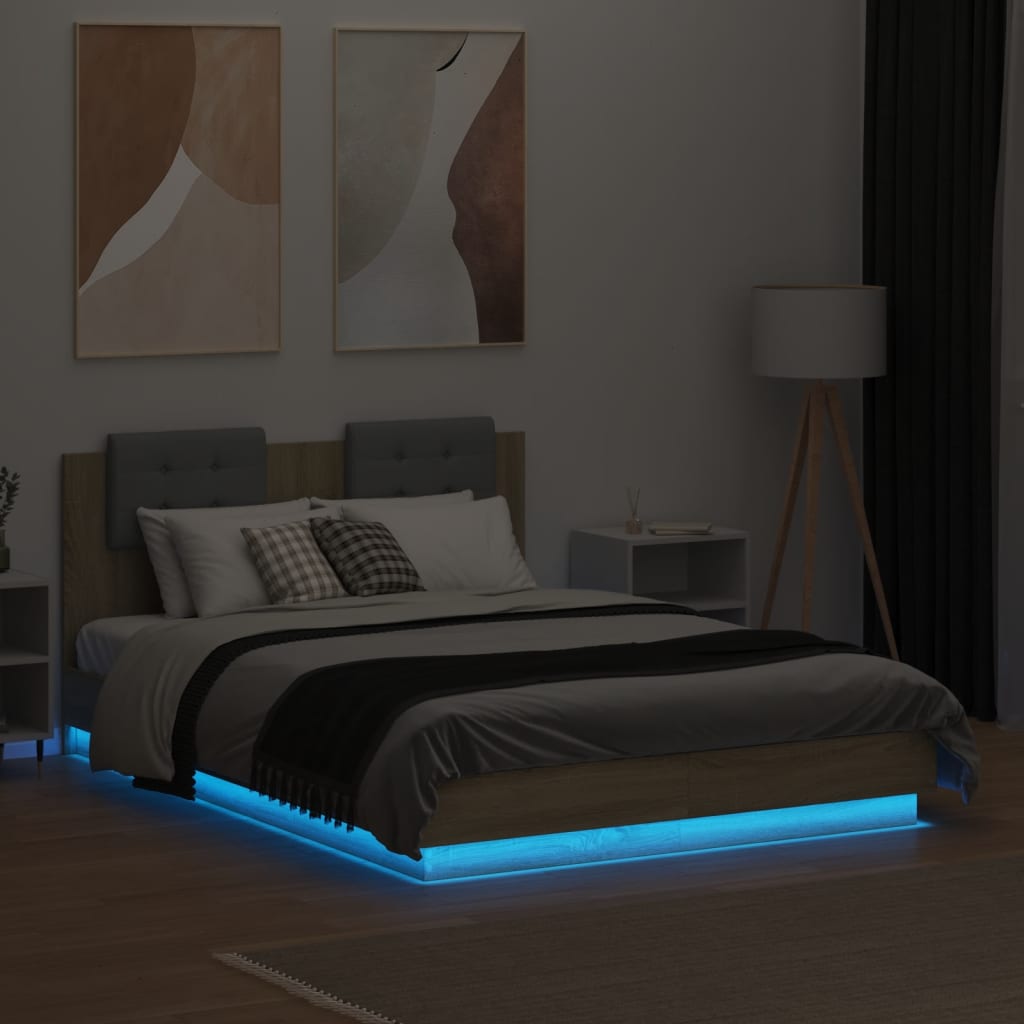Sengeramme med hodegavl og LED-lys sonoma eik 120x190 cm