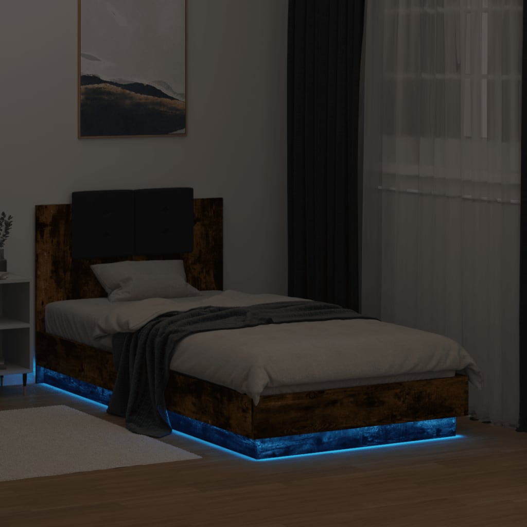 Sengeramme med hodegavl og LED-lys røkt eik 90x190 cm