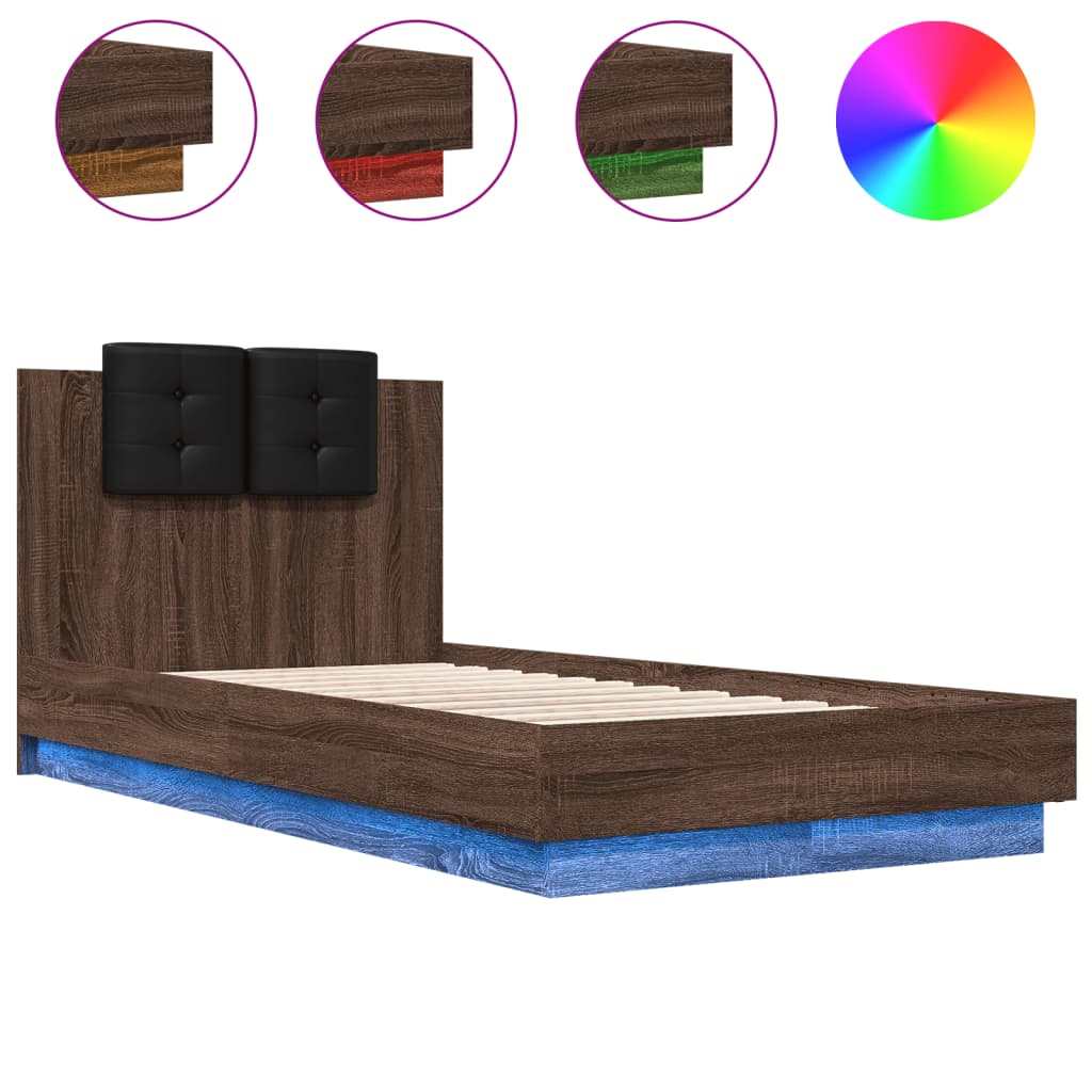 Sengeramme med hodegavl og LED-lys brun eik 90x190 cm