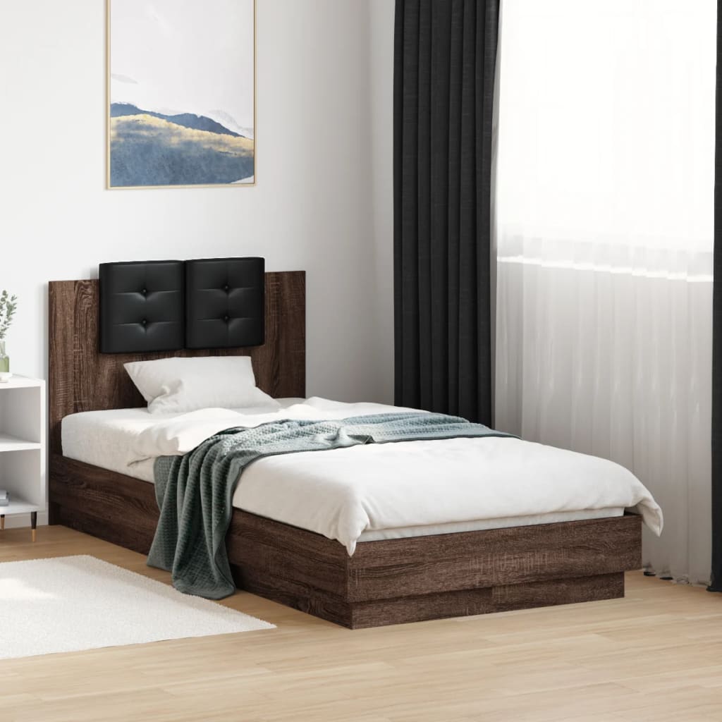 Sengeramme med hodegavl og LED-lys brun eik 90x190 cm
