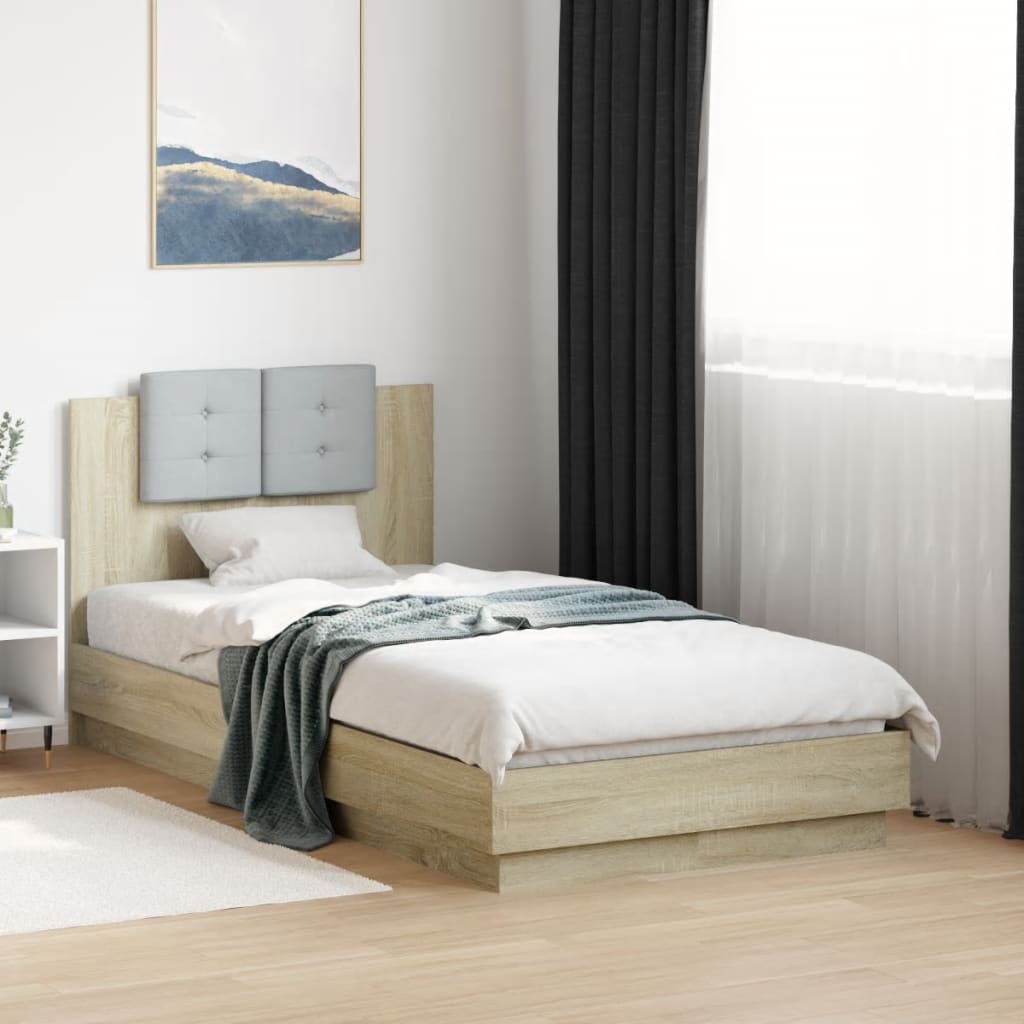 Sengeramme med hodegavl og LED-lys sonoma eik 75x190 cm