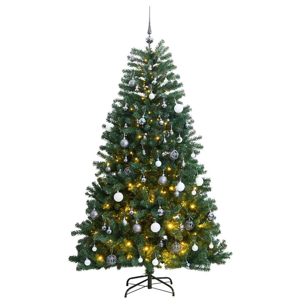 Kunstig hengslet juletre med 300 LED og kulesett 180 cm