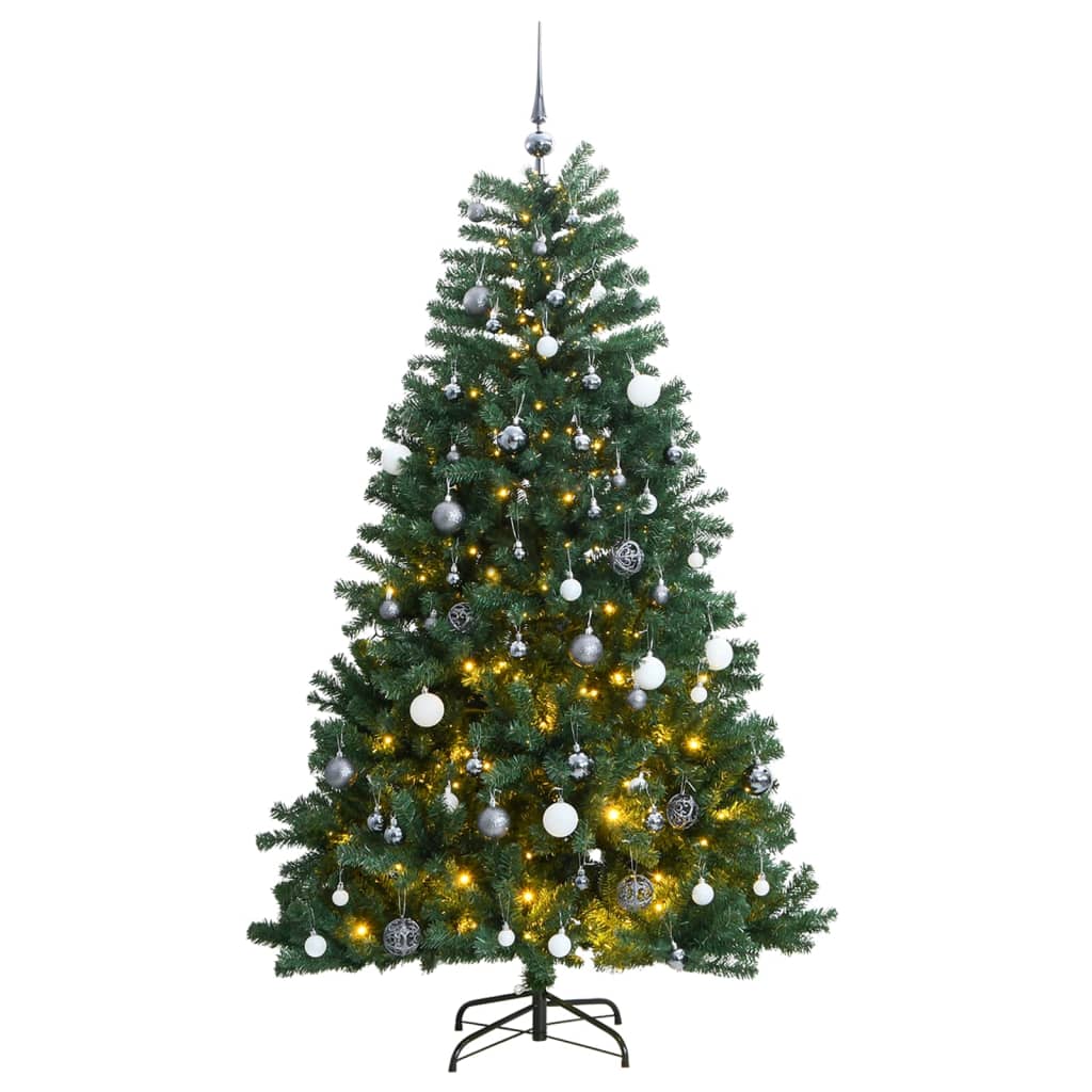 Kunstig hengslet juletre med 300 LED og kulesett 210 cm