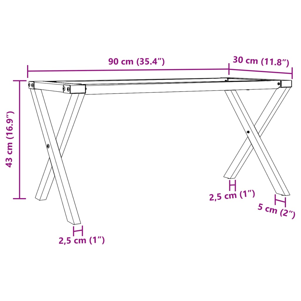 Ben for salongbord X-ramme 90x30x43 cm stål
