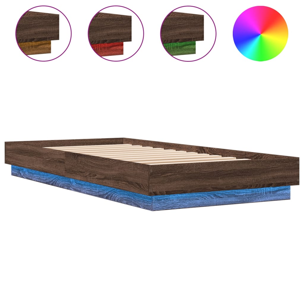 Sengeramme med LED-lys brun eik 90x200 cm