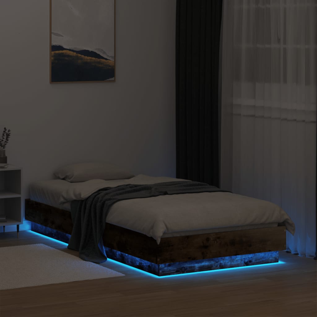 Sengeramme med LED-lys røkt eik 90x190 cm