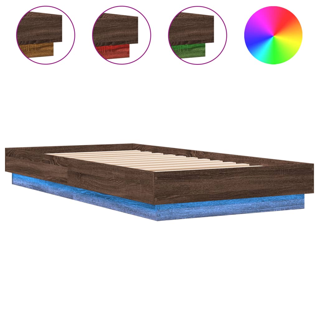 Sengeramme med LED-lys brun eik 90x190 cm