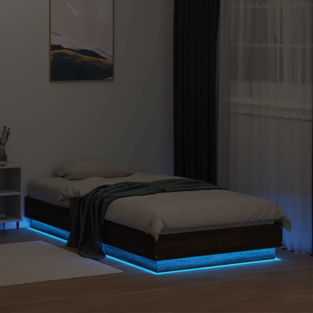 Sengeramme med LED-lys brun eik 90x190 cm