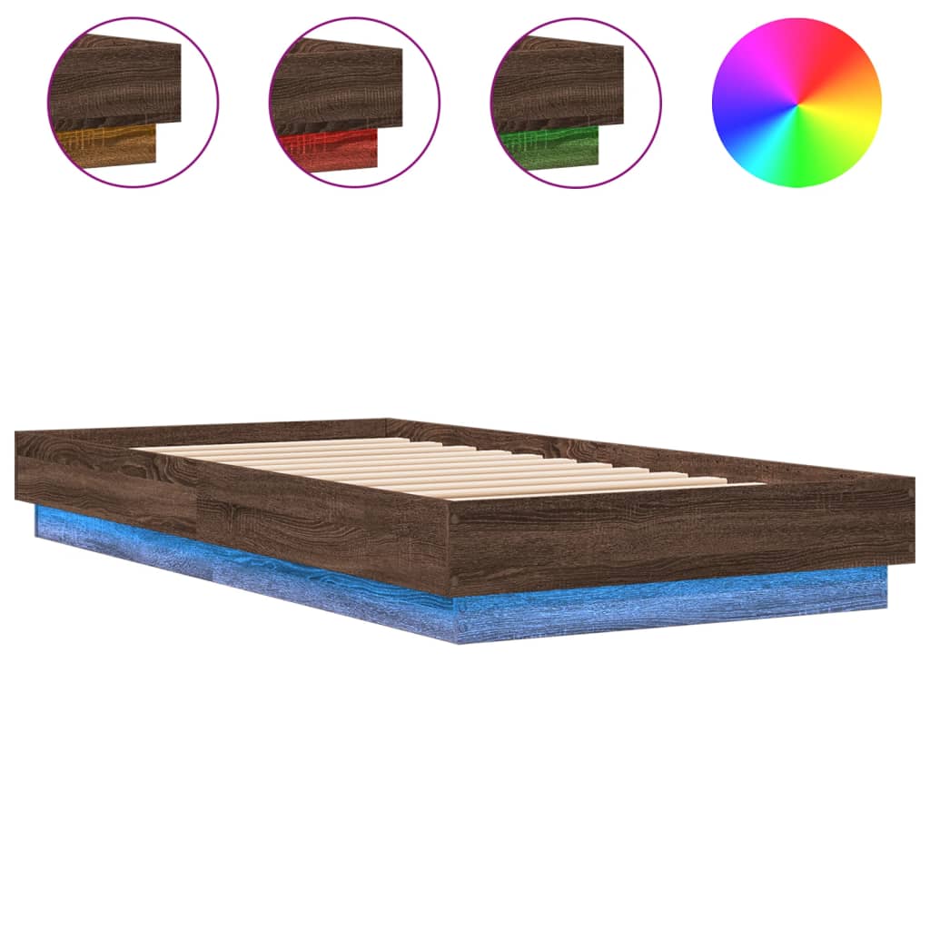 Sengeramme med LED-lys brun eik 75x190 cm