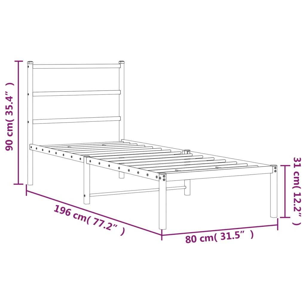 Sengeramme i metall uten madrass med hodegavl hvit 75x190 cm vidaXL