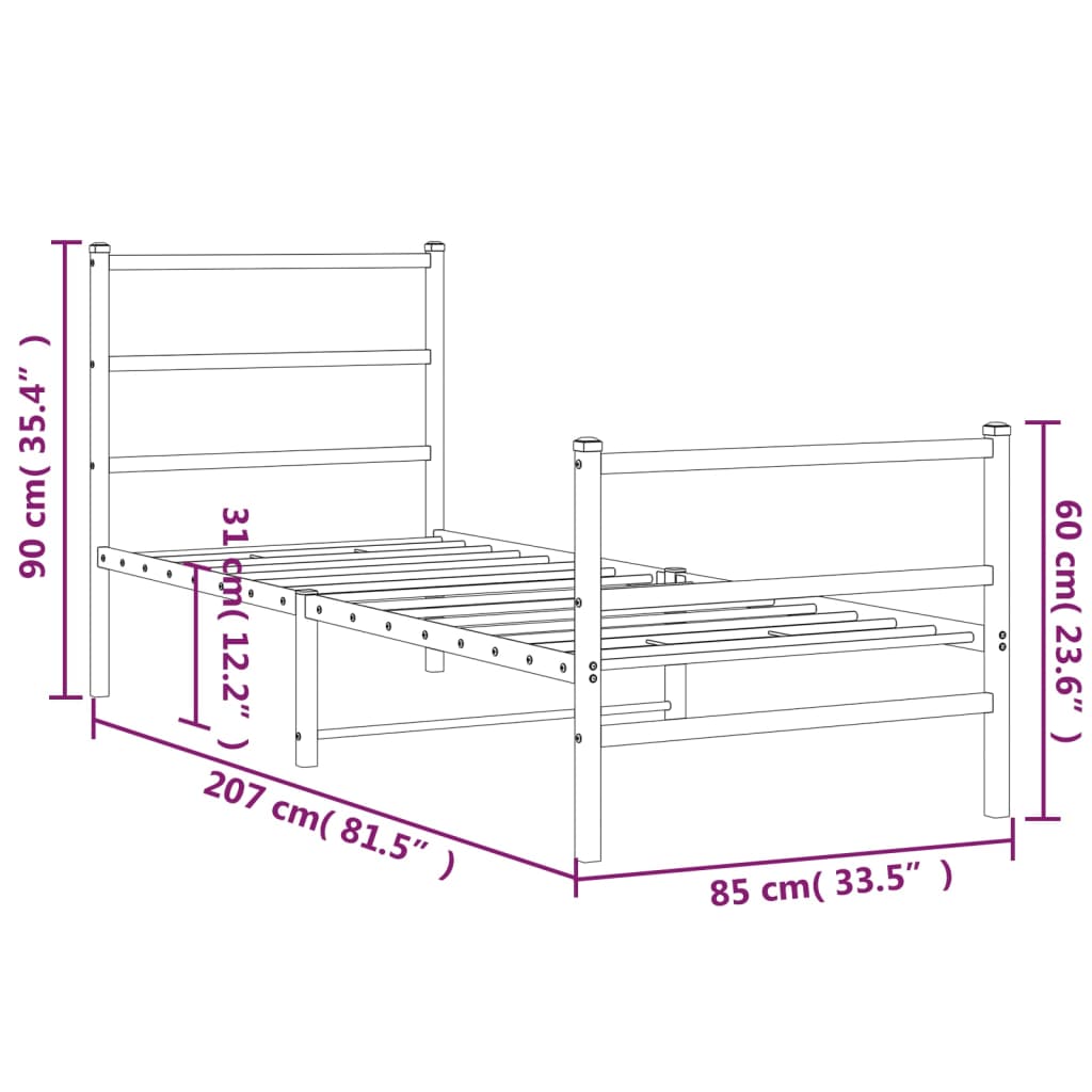 Sengeramme i metall med hode- og fotgavl hvit 80x200 cm