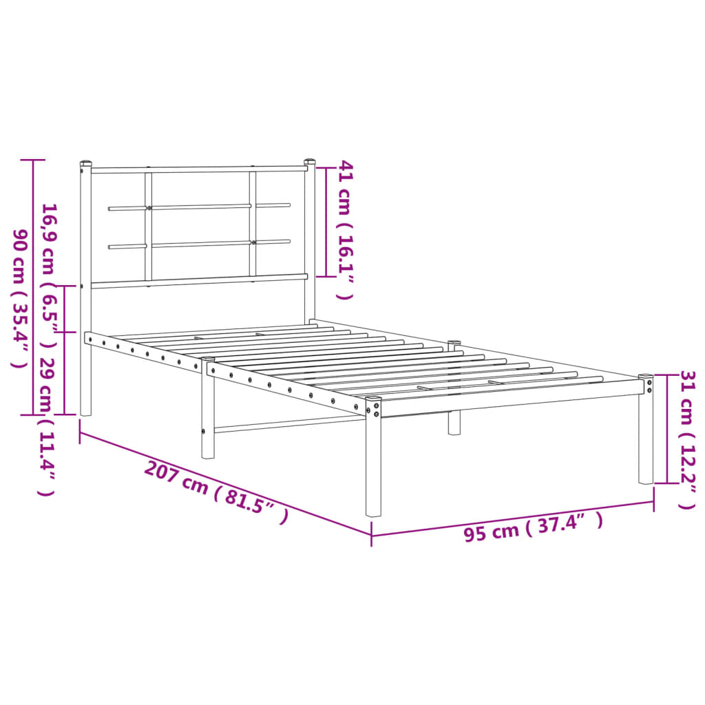 Sengeramme i metall med hodegavl svart 90x200 cm