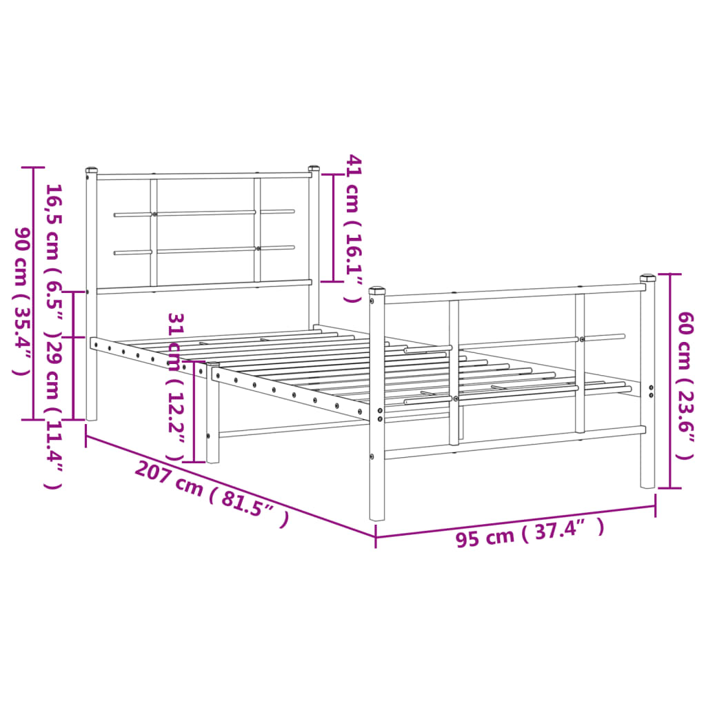 Sengeramme i metall med hode- og fotgavl svart 90x200 cm