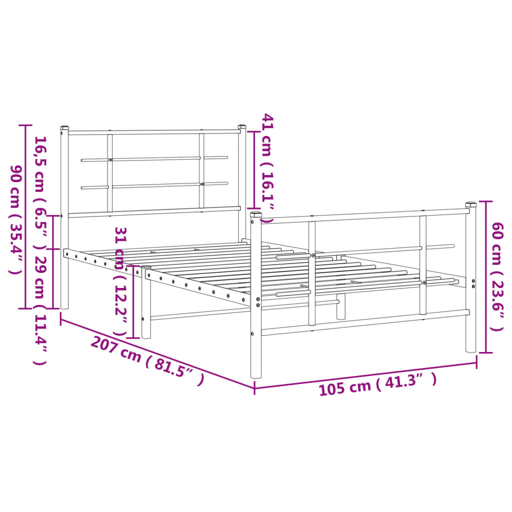 Sengeramme i metall med hode- og fotgavl svart 100x200 cm vidaXL