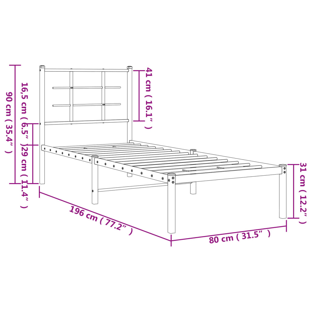 Sengeramme i metall uten madrass med hodegavl hvit 75x190 cm