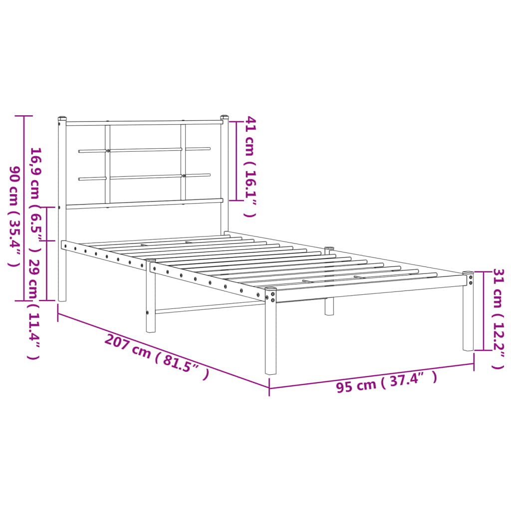 Sengeramme i metall med hodegavl hvit 90x200 cm vidaXL