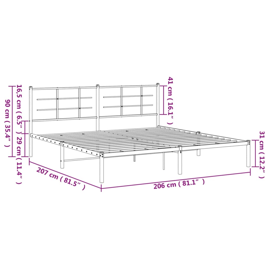 Sengeramme i metall med sengegavl hvit 200x200 cm vidaXL
