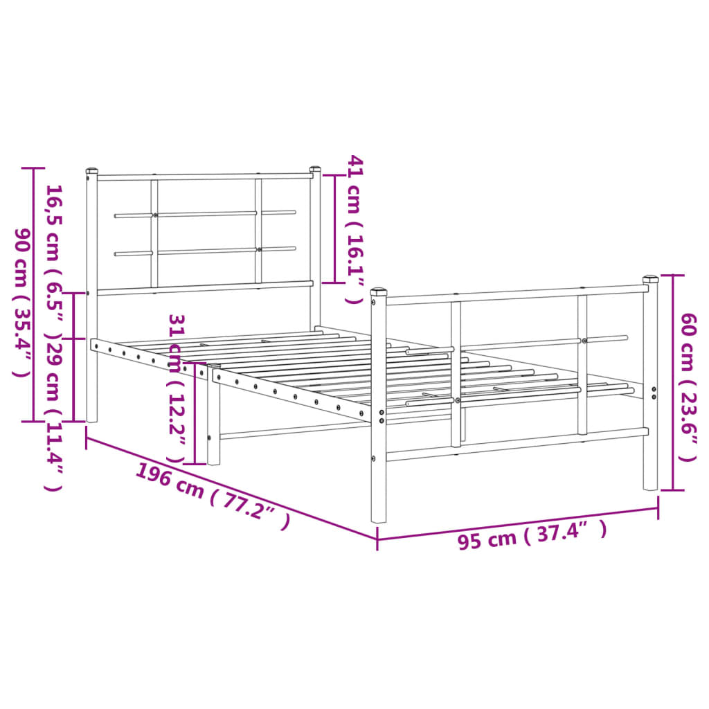Sengeramme i metall med hode- og fotgavl hvit 90x190 cm