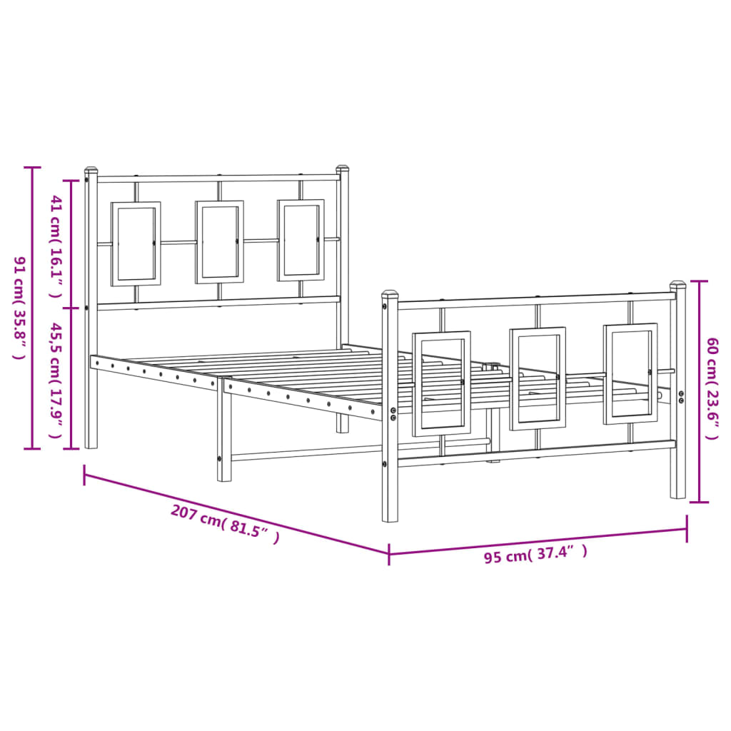 Sengeramme i metall med hode- og fotgavl svart 90x200 cm