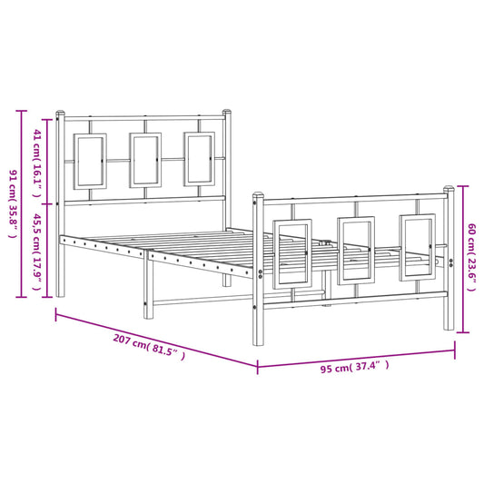 Sengeramme i metall med hode- og fotgavl svart 90x200 cm