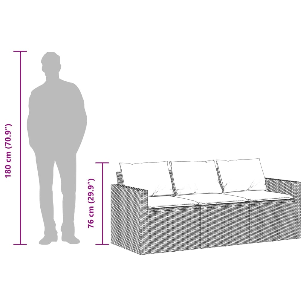 Hagesofa med puter 3-seters svart polyrotting