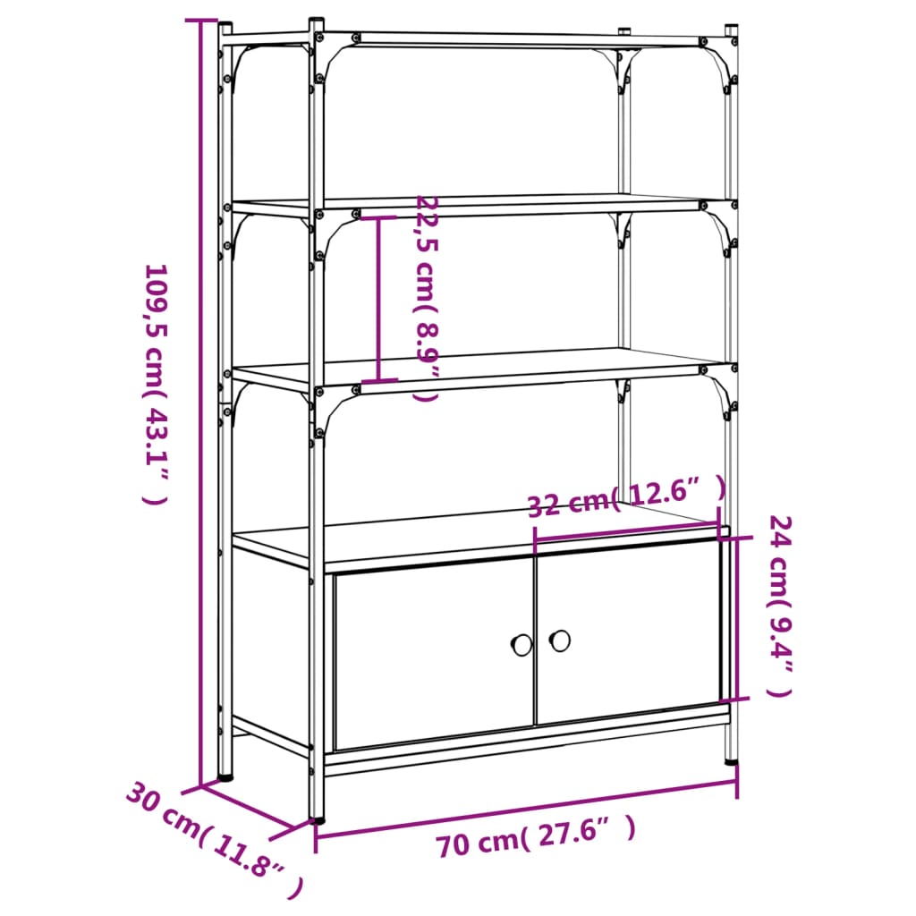 Bokhylle 3 etasjer røkt eik 70x30x109,5 cm konstruert tre