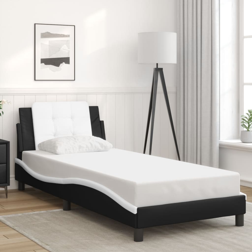 Sengeramme med hodegavl svart og hvit 90x190 cm kunstlær