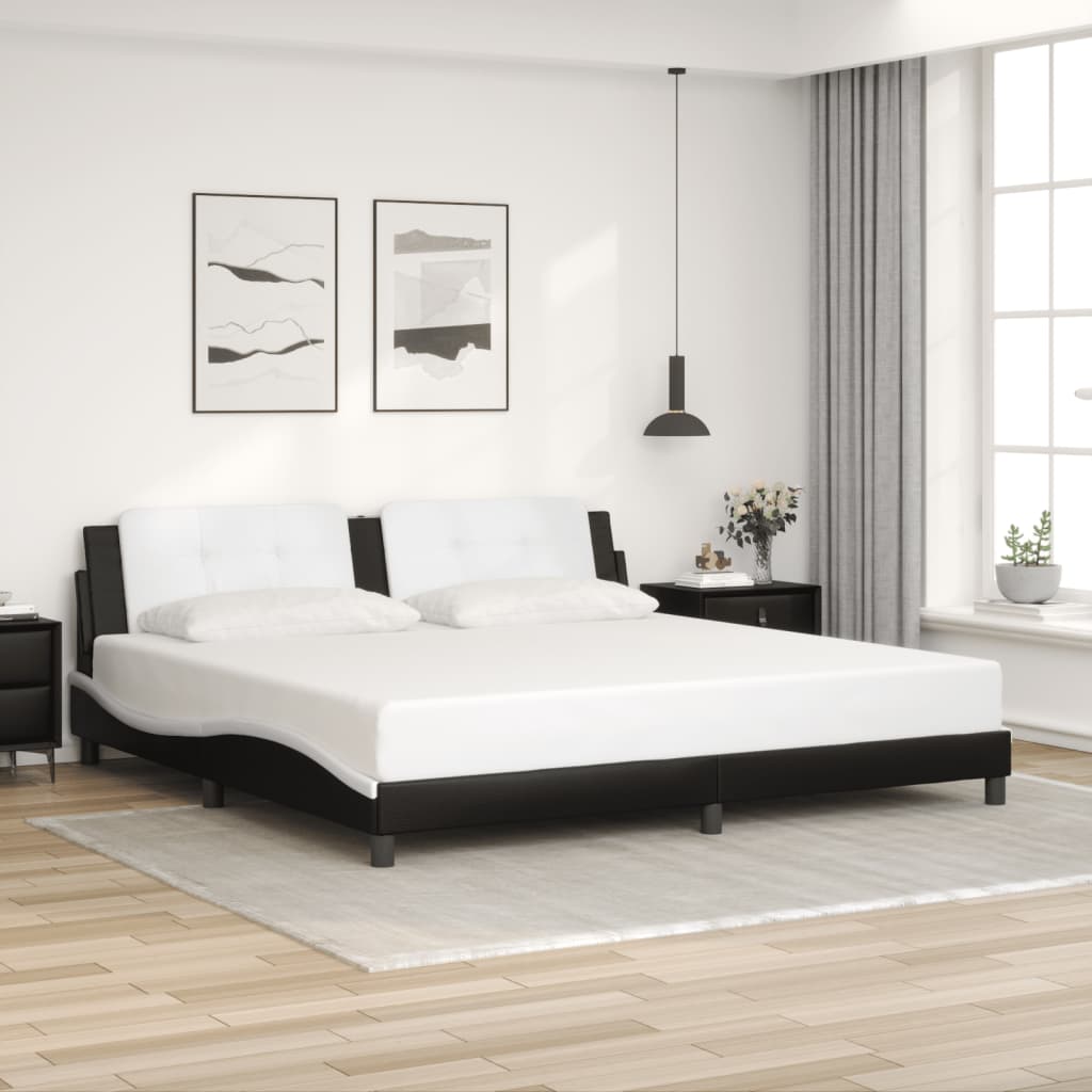 Sengeramme med hodegavl svart og hvit 200x200 cm kunstlær
