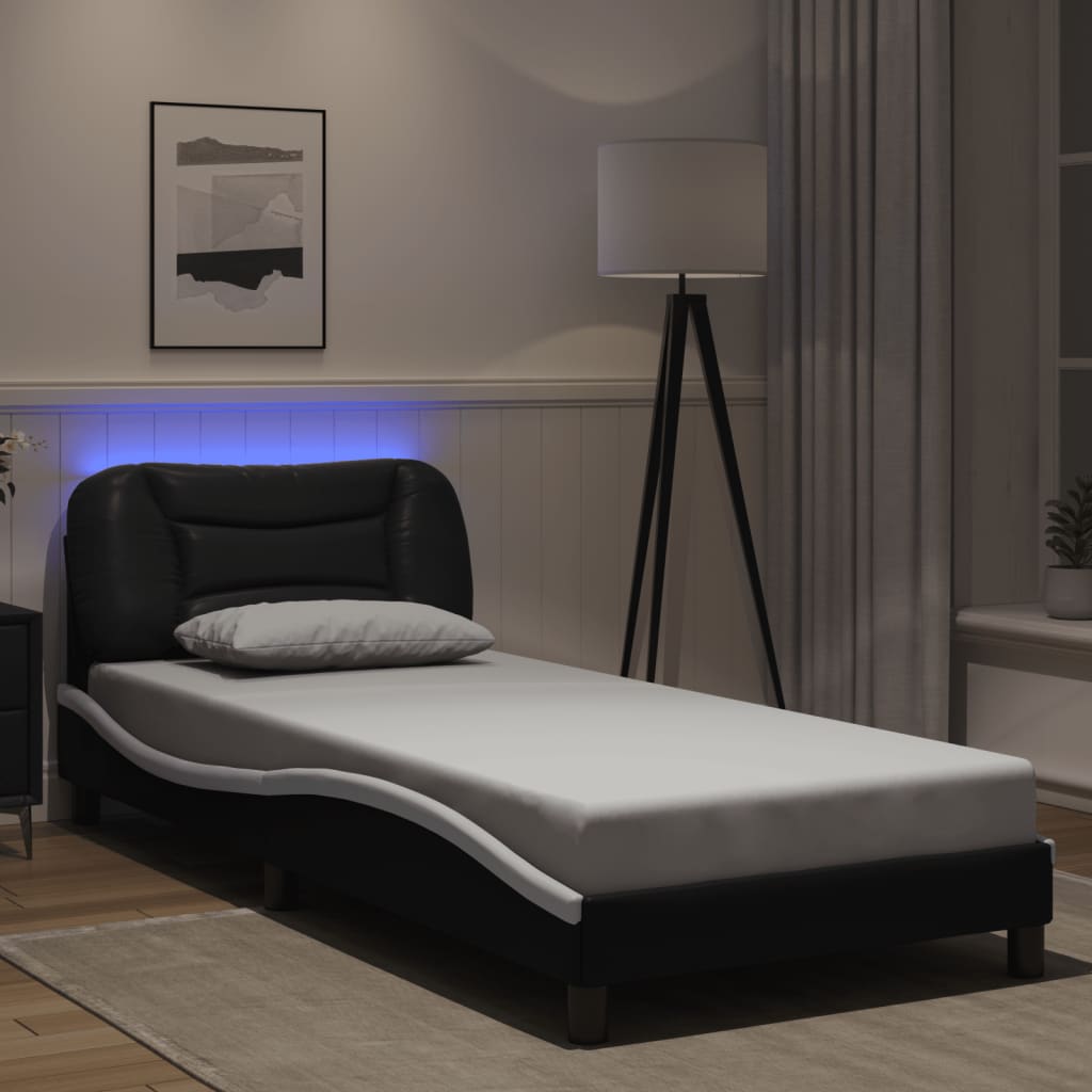 Sengeramme med LED-lys svart og hvit 90x190 cm kunstig lær