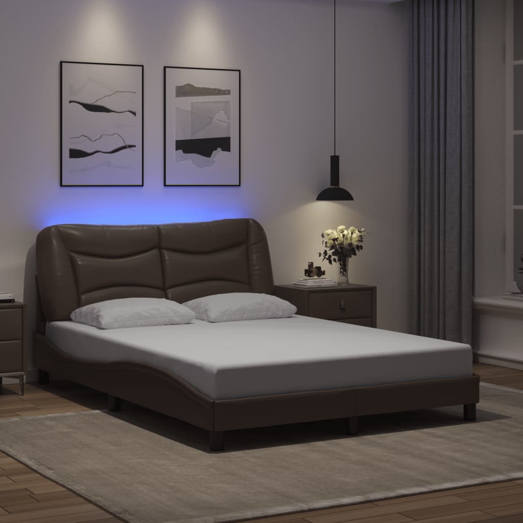 Sengeramme med LED-lys brun 140x190 cm kunstig lær