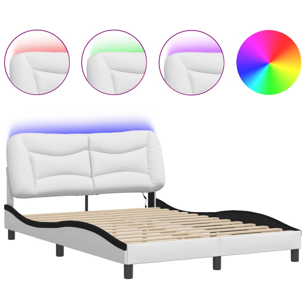 Sengeramme med LED-lys hvit og svart 140x190 cm kunstig lær