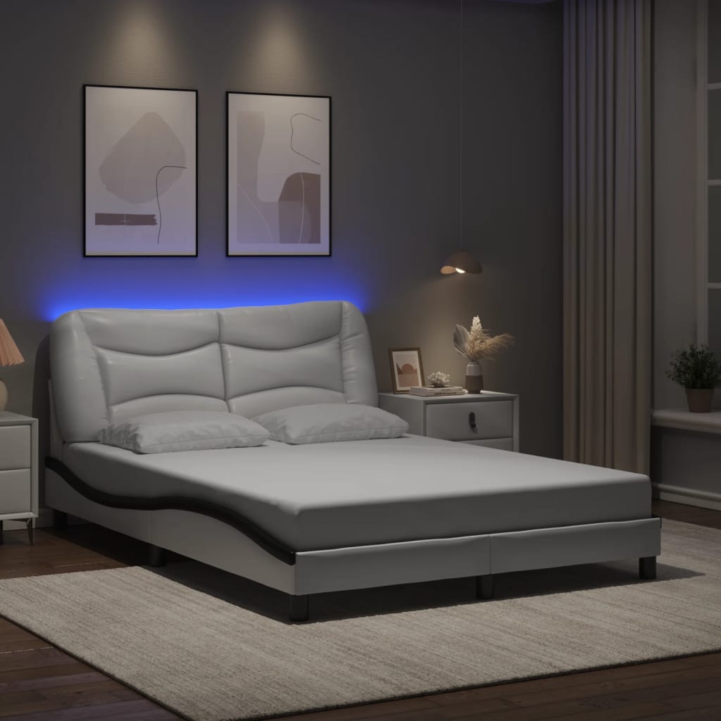 Sengeramme med LED-lys hvit og svart 140x190 cm kunstig lær