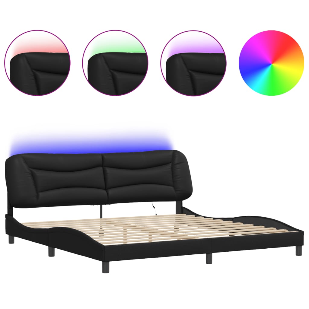 Sengeramme med LED-lys svart 200x200 cm kunstig lær