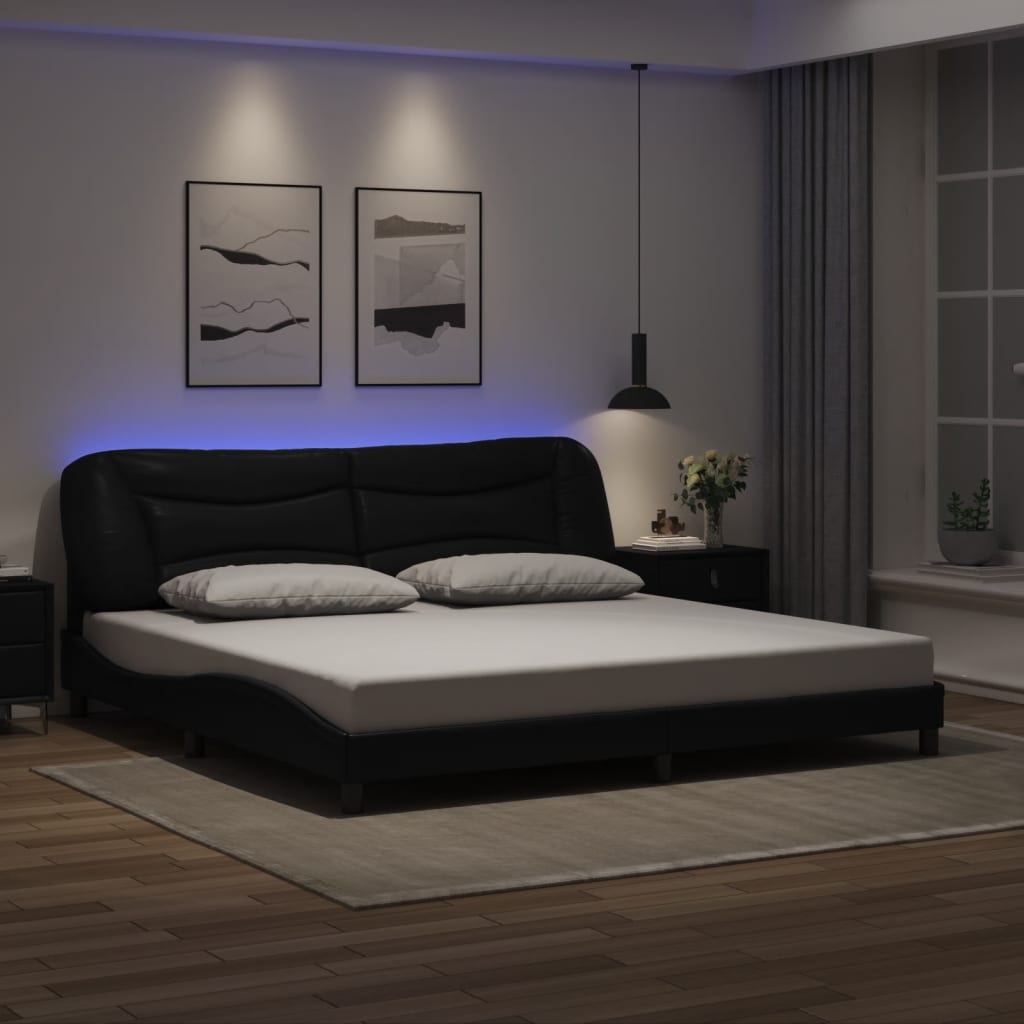 Sengeramme med LED-lys svart 200x200 cm kunstig lær