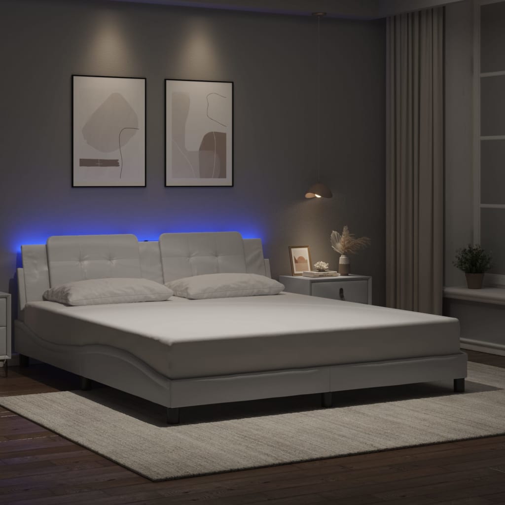 Sengeramme med LED-lys hvit 180x200 cm kunstig lær